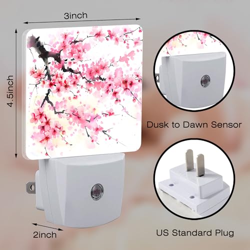Image of Watercolor Cherry Blossoms Tree Night Light for Kids,Abstract Pink Floral Night Light Plug in with Dusk to Dawn Sensor,0.5w Energy Saving Nightlight for Hallway Stairway Kitchen Bedroom