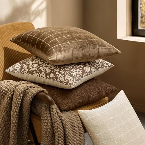 Image of MIULEE Toffee Plaid Decorative Fall Throw Pillow Covers 18x18 Set of 2 | Vintage Check Chenille Couch Pillows Boho Farmhouse Cushion Covers Modern Fall Home Decor for Sofa Bed Living Room