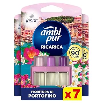 Ambi Pur 3Volution Profumatore per Ambienti, 7 Ricariche per Diffurore Elettrico, Fragranza Lenor Fioritura di Portofino, Tecnologia Elimina Odori, Fino a 90 Giorni di Profumo per Ricarica