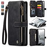 AJDJTEN for Samsung Galaxy Z Fold 7 Wallet Case with S Pen Holder Card Slots Zipper Pocket Hand Strap Kickstand Magnetic, Retro Leather Flip Folio Shockproof Protective Women Men Phone Cover Black