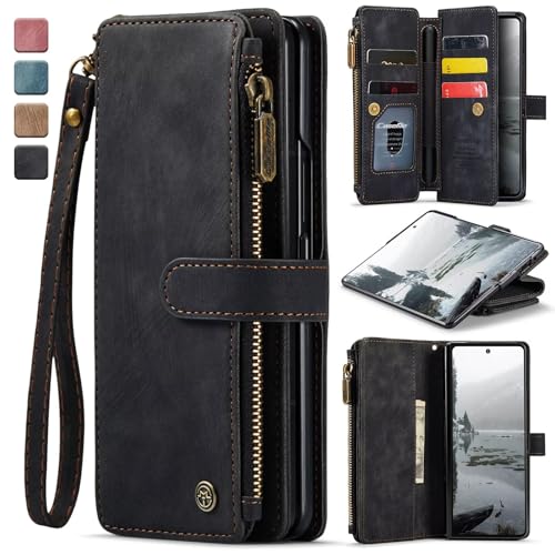 AJDJTEN for Samsung Galaxy Z Fold 7 Wallet Case with S Pen Holder Card Slots Zipper Pocket Hand Strap Kickstand Magnetic, Retro Leather Flip Folio Shockproof Protective Women Men Phone Cover Black