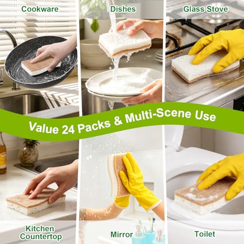 Image of HOMEXCEL Sponges Kitchen, 24 Packs Non-Scratch Natural Sponge for Dishes Cookware, Biodegradable Cellulose Scrub Sponges for Dishwashing Cleaning Household Bathroom