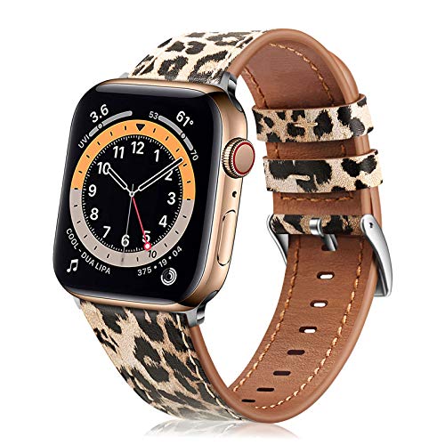 FINTIE Bands Compatible with Apple Watch 49mm 46mm 45mm 44mm 42mm(Series 3/2/1), Genuine Leather Replacement iWatch Band Strap for Series 11 10 1-9 SE3/SE2/SE Ultra1/2/3, Classic Leopard