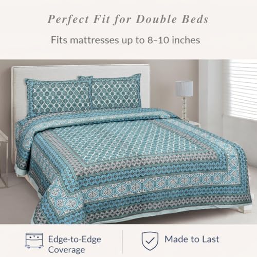 Image of ElanorHomes Cotton Double King Size Bedsheet | Hand Printed | Ultra-Soft & Skin-Safe | Breathable Summer Comfort | 90x108 inches with 2 Pillow Covers (Firozi Chhaon)