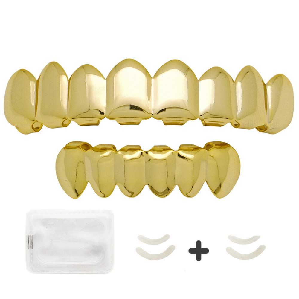 Shiny  14k   Gold  Silver Grillz 8  Teeth  Top and 6 Bottom Set Mouth Grillz + Extra 2 Molding Bars