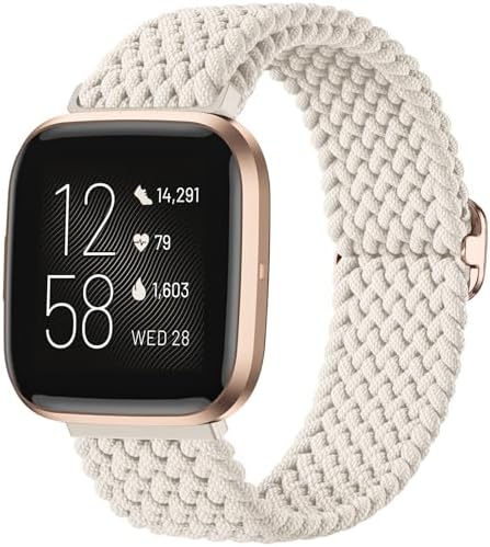 Maledan Braided Bands Compatible with Fitbit Versa 2 and Fitbit Versa for Women Men, Breathable Stretchy Bracelet Replacement Wrist Band for Versa 2/ Lite/ SE Strap, Apricot