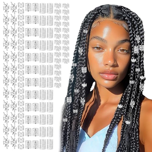 120 Stück Dreadlocks Schmuck Silber Haarschmuck für Zöpfe Haarringe Silber Haarperlen zum Klipsen Verstellbar Haar Schmuck Ringe für Haare Braids Metall Haarspiralen Clips Haar Accessoire Braid Cuffs