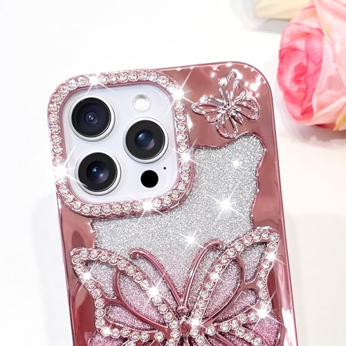 Coque iPhone 14 Pro Max paillettes rose avec papillon 3D strass - 3