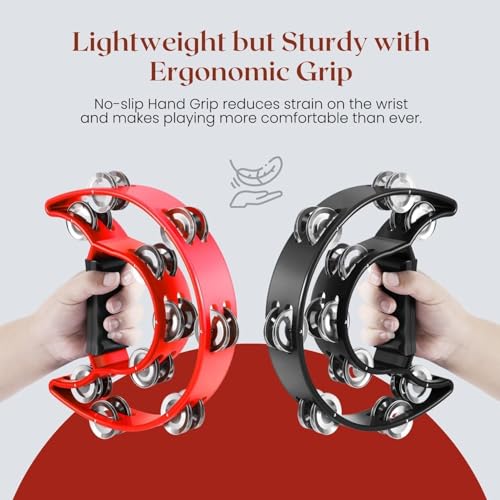 Image of PERLMAN Tambourine Half-Moon Double Row Jingles, Ergonomic Grip, Hand Percussion Dafli for Adults & Kids, Party /Stage Use (Red)
