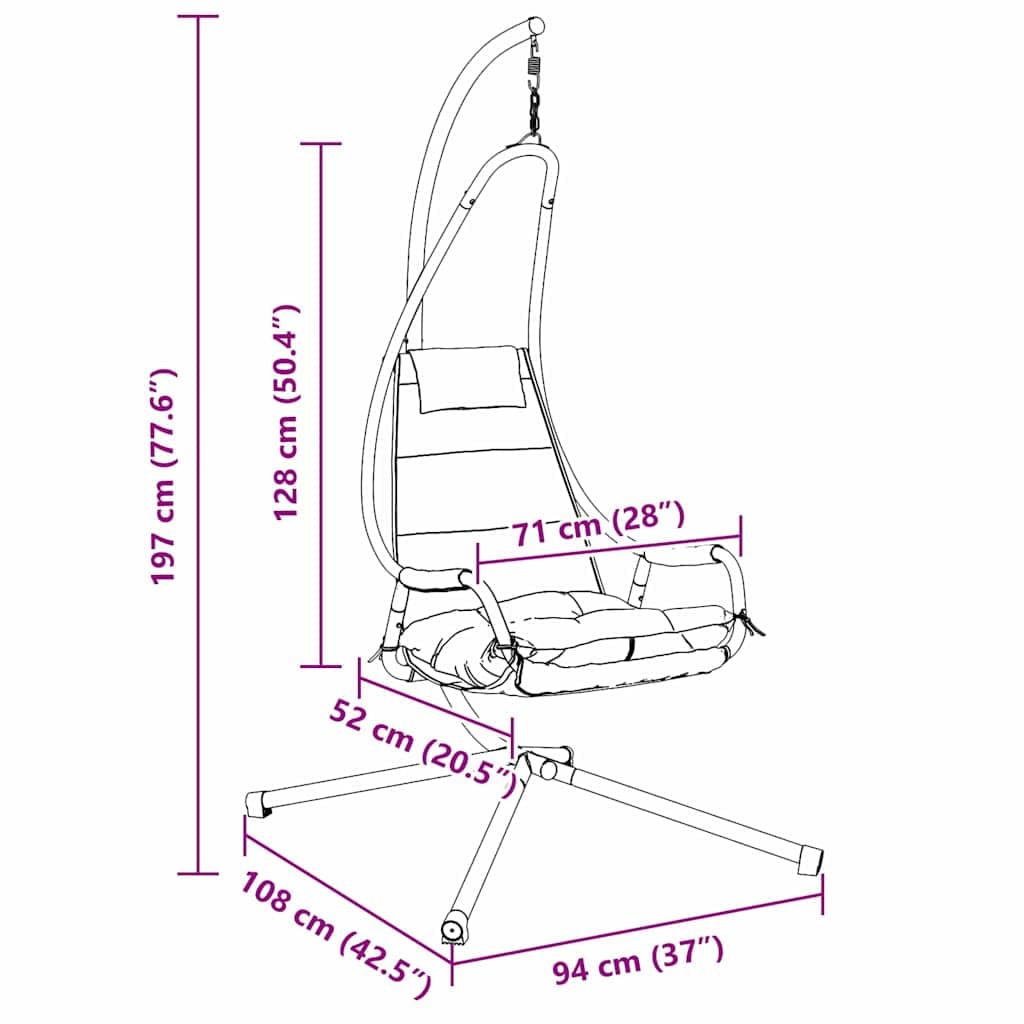 Mangloder - Silla de huevo colgante en color topo, estructura de acero, 94 x 107 x 196,5 cm, plegable, ajustable, con cojín y cojín para balcón, terraza, jardín al aire libre