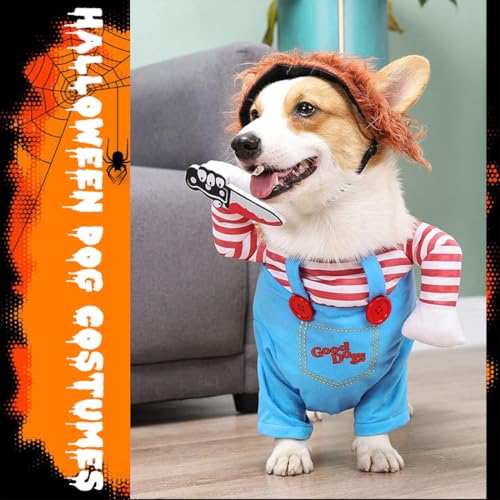 KUMSODE Halloween Hundekostüme für Hunde Wig and Knife,Lustige Chucky Hundekleidung Puppe Halloween Cosplay Kostüm (S)