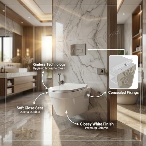 Image of InArt Rimless Wall Hung Western Toilet - Ceramic Commode Toilet with Quick Release Soft Close Toilet Seat, 51x35x34 cm (White) - 10 Years Warranty