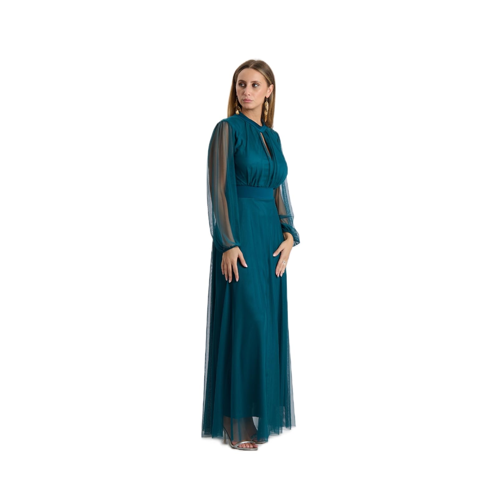 Abito Lungo Elegante Donna in Tulle – Collo Alto con Scollo a Goccia, Maniche Trasparenti, Vita Segnata – Vestito da Cerimonia, Festa ed Eventi