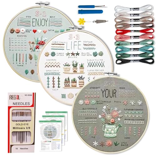 Image of LYSHIATSU 3 Sets Embroidery Kit for Beginners, Embroidery Kit for Adults with Follow Instruction, Cross Stitch Kits with Wooden Embroidery Hoops