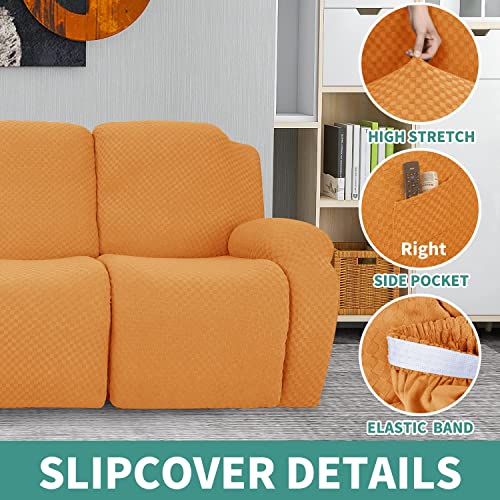 Image of YEMYHOM 8 Pieces Stretch Recliner Sofa Cover Jacquard Reclining Couch Cover with Side Pocket Anti-Slip Fitted 3 Cushion Furniture Slipcovers with Elastic Bottom (Sofa Recliner, Orange)