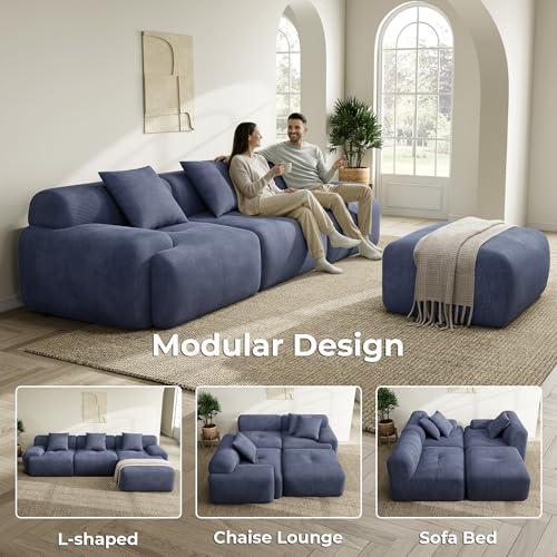 Image of LIKIMIO LumiCord 118 inch Tufted Modular Sectional Sofa with Ottoman, Modern L-Shaped Boneless Couch for Living Room, 26.8 inch Deep Seat, 18.1 inch High Seating, 15 inch Wide Armrest, Corduroy, Stormy Indigo