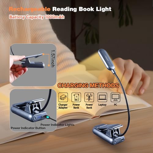 Image of VAVOFO Rechargeable Book Light for Reading in Bed Kids, 7 LED Reading Light with 9-Level Warm Cool White Daylight, Eye Care Lamp with Power Indicator for Bookworms (Metallic Grey)