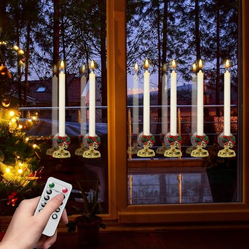 Image of Wondise Flameless Window Candles with Remote Timer, Battery Operated Taper Candles with Wreath, 3D Wick Flickering for Christmas Decoration, Removable Suction Cups and Gold Holders Included (6 Packs)
