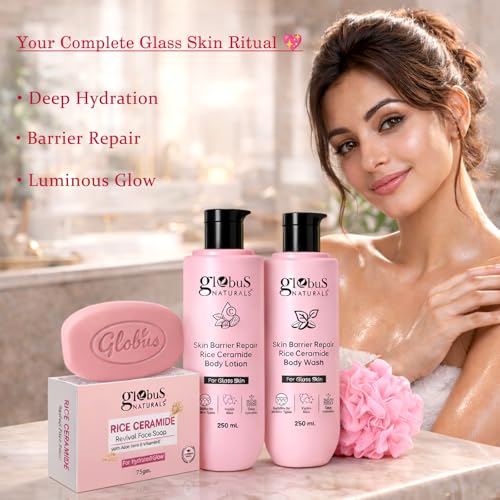 Image of Globus Naturals Rice Ceramide Body Care Combo for Glass Skin | Body Lotion + Body Wash + Soap + Loofah | Intense Hydration & Barrier Repair | Bright, Smooth & Radiant Skin | Daily Use for Men & Women | All Skin Types