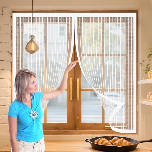 Mosquitera Puerta Magnetica 118 x 128 cm Cierre Automático, Protección Insectos, Resistente a La Rotura Cortina Mosquiteras Magnética para Correderas, Garaje O Patio, Blanco