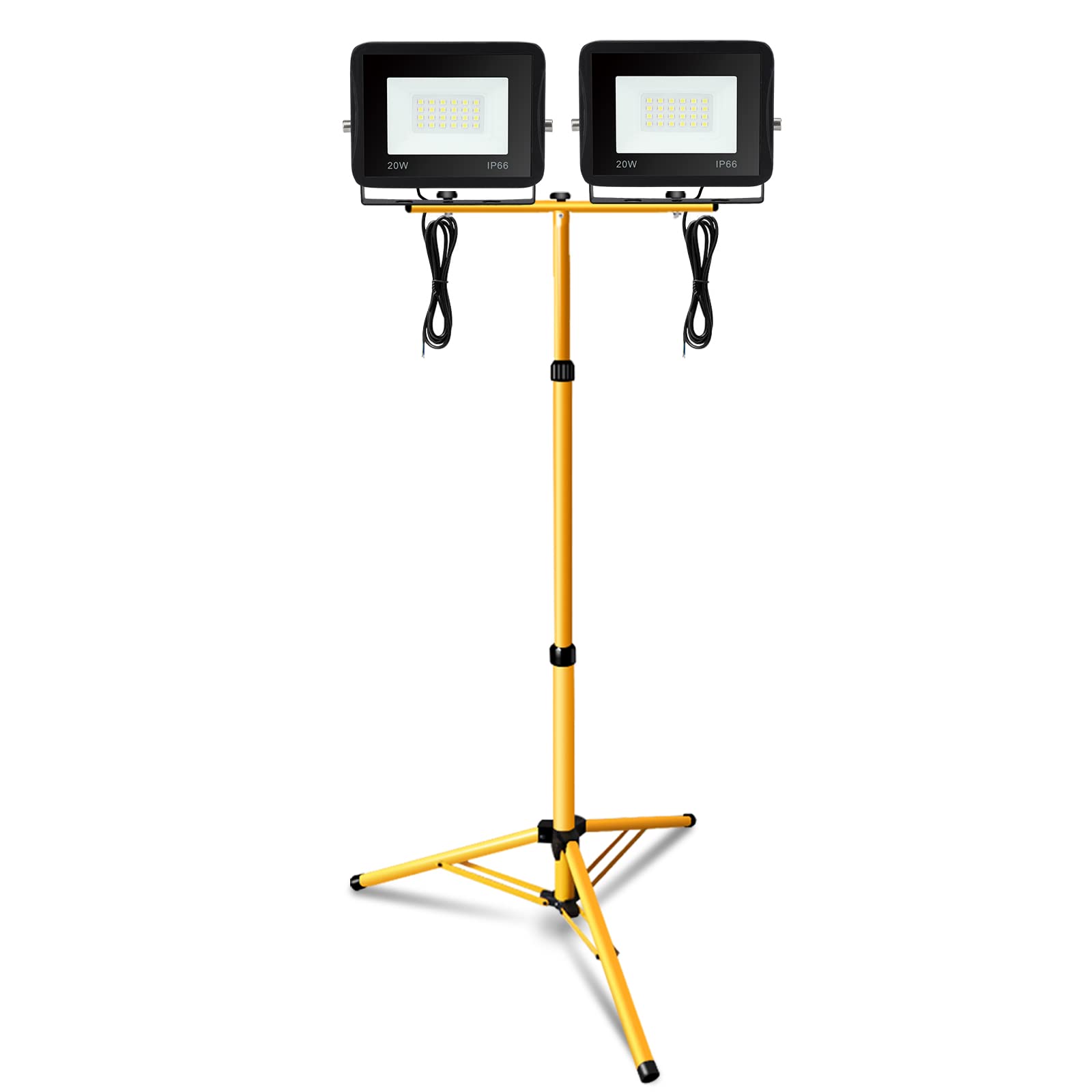 Daromigo Reflektor budowlany LED ze statywem, 2 x 20 W, 1700 lm, ciepła biel, 3000 K, na plac budowy, do warsztatu lub piwnicy, IP66, lampa budowlana LED do użytku wewnątrz i na zewnątrz, regulacja