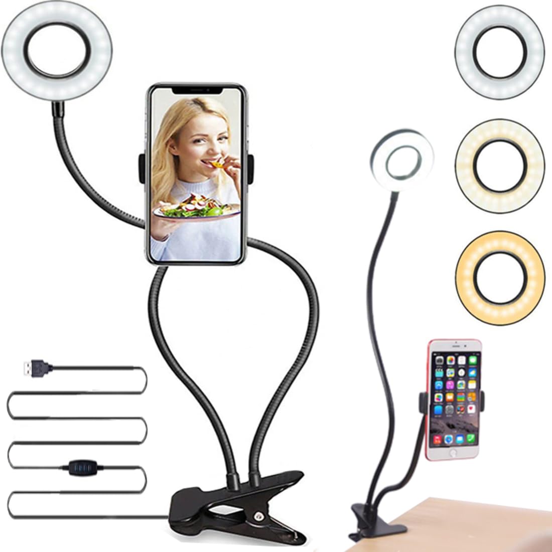 Retoo Lampa Pierścieniowa LED ze Statywem, Selfie, Zaciskowa, Telefon Komórkowy, Pierścień Świetlny, na Żywo, do Makijażu, Fotografii