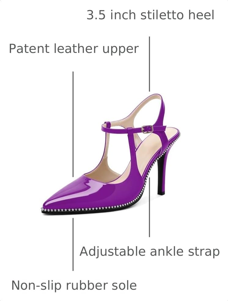 Image of SAMMITOP Womens High Heels Ankle Strap Pointed Toe Stilettos Patent Leather Beaded Pumps Dress Shoes 3.5 Inch