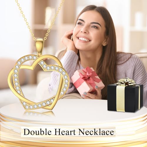 14K Real Gold Heart Necklace for Women Yellow Gold Interlocking Double Hearts Pendant Jewelry Birthday Anniversary Mothers Day Gifts for Mom Her Girlfriend Wife Sister3