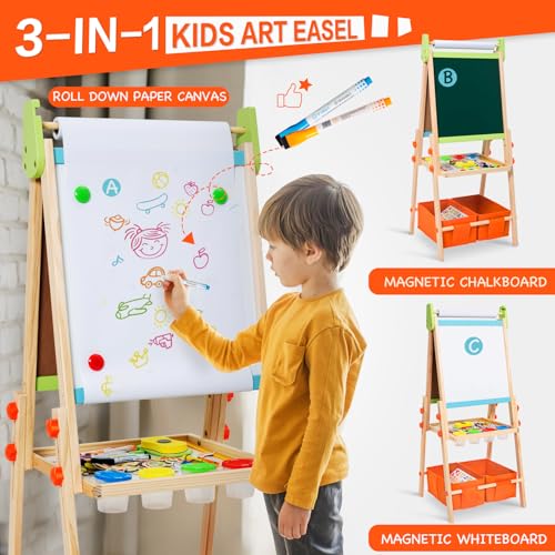 Kids Easel Including 100+ Accessories, Rundad Double Sided Wooden Easel for Kids Age 3-8 with Magnetic Chalkboard & Painting Board, Free Height Adjustable Art Easel Supplies for Toddlers by Rundad - Image 2