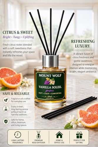 Image of Grapefruit Reed Diffuser with 5 Rich Black Reed Sticks | 50ML Premium Diffuser | Tangy Citrus & Sweet Grapefruit Scent for Bedroom, Living Room, Office & Gifting.