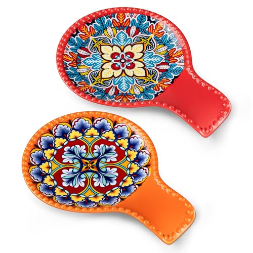 Image of vancasso 7.7 Inch Ceramic Spoon Rest Set of 2, Bohemian Spoon Holder, Light | Holds Spoons, Spatulas, Ladles, and Tongs, Bohemian Design, Stove Top and Countertop, Dishwasher and Microwave Safe Ceramic