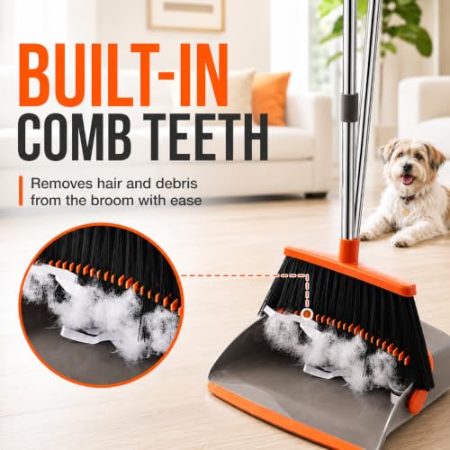 Image of Broom and Dustpan Set, Upgraded Broom with Dustpan Combo Set with 56 inch Tall Adjustable Handle, Self-Cleaning Teeth, Upright Standing Dust Pan for Heavy Duty Indoor Outdoor Cleaning and Pet Hair