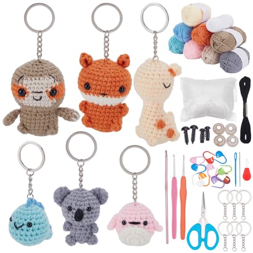 ACRNIGHEET Crochet Kit for Beginners Keychain 6PCS Crochet Animals Keychain Beginner Crochet Kit with Step-by-Step Video Tutorials and Accessories, DIY Knitting Supplies for Handicraft Enthusiasts