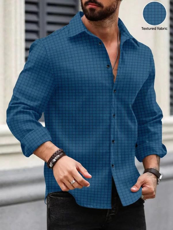 Image of DEELMO Men's Regular Fit Button Down Dress Shirts Textured Long Sleeve Casual Hawaiian Shirt