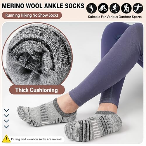 Image of Merino Wool Ankle Athletic Running No Show Socks Cushioned Breathable Sports Warm Thick Socks for Men and Women 6 Pairs