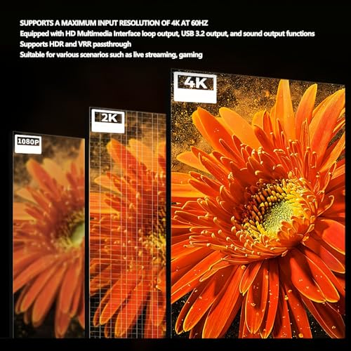 Sxhlseller Tarjeta de Captura de Vídeo, Tarjeta de Interfaz Multimedia HD 4K 60 Hz con Salida de Bucle HDR VRR, de Transmisión en para Juegos USB 3.2 para PCWindowsMac OBS Vmix