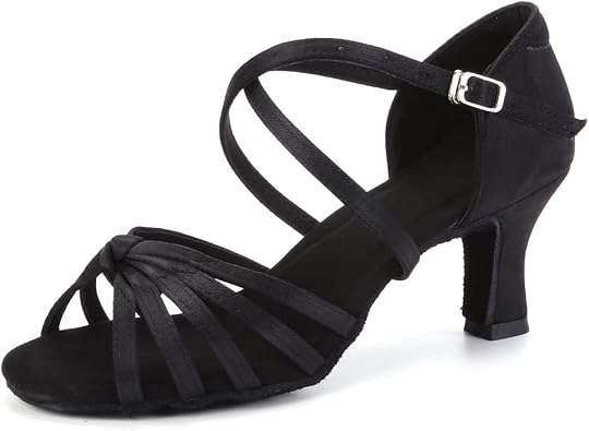 JUODVMP Womens Latin Salsa Dance Shoes Satin 5-Straps Braided Dance Practice Shoes,Suede Sole Heels