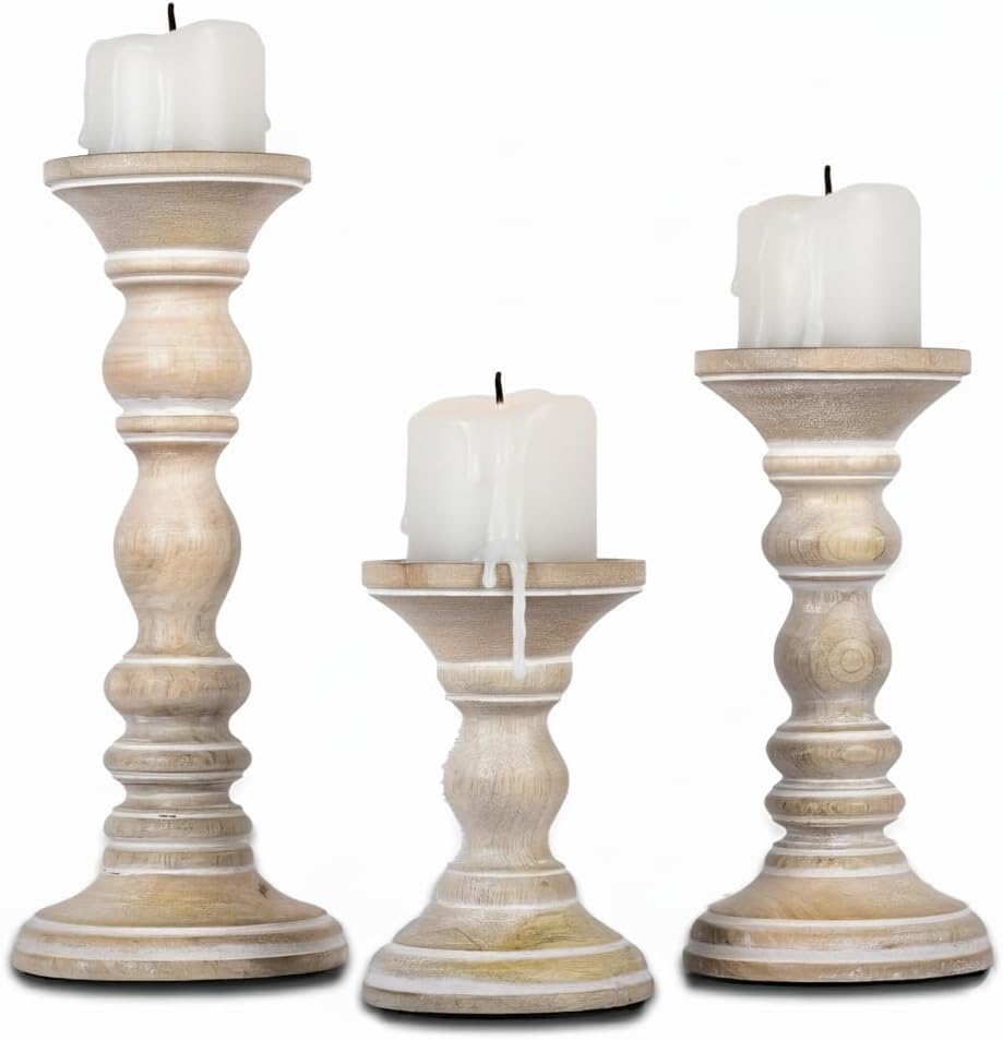 Mela Artisans Mango Wood Pillar Candle Holders Set of 3, Hand-Carved Whitewashed Decorative Candles for Living Rooms, Centerpieces & Mantel Decor