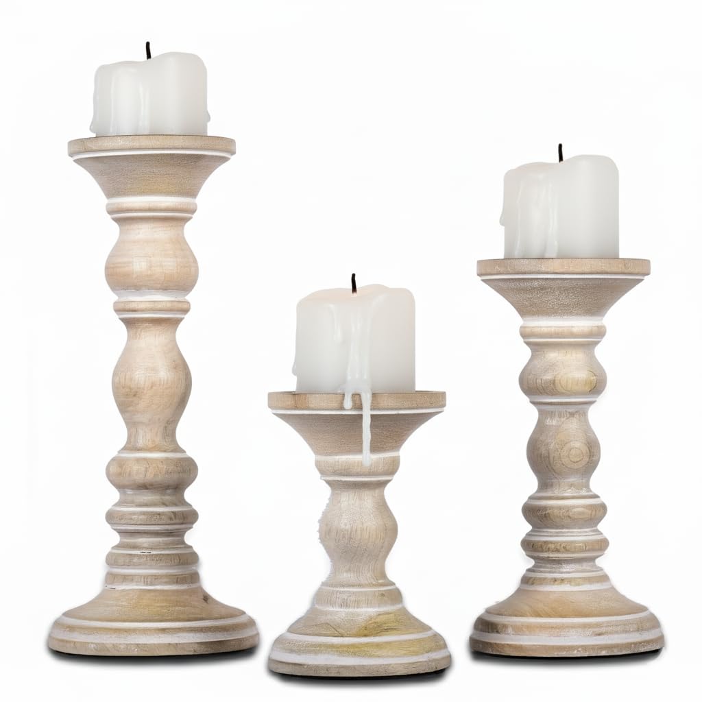 Mela Artisans Wooden Pillar Candle Holders | Willow Design | Set of 3 Mango Wood Candlesticks | Whitewash | Sizes 6" & 9" &12" | Table Decor | Centerpiece | Mantel | Wedding | Living Room Decor
