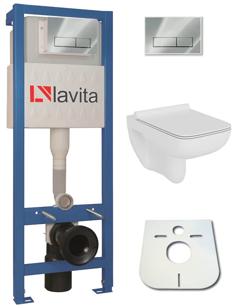 Set per WC con piastra di pressione + WC da parete Capri Slim senza bordo + sedile WC con chiusura soft close (RC)