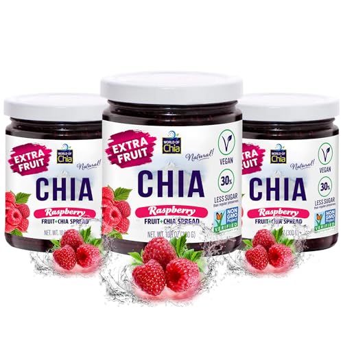 World of Chia Extra Fruit Chia Seeds Jam Variety Pack - Raspberry Jams and Preserves – All Natural Super Food Chia Jam, Gluten Free, Vegan, Additive Free, Low Sugar, Omega 3, Non-GMO, Made in USA Fruit Spread - (10.6 Oz, 300 g Jar) Pack of 3
