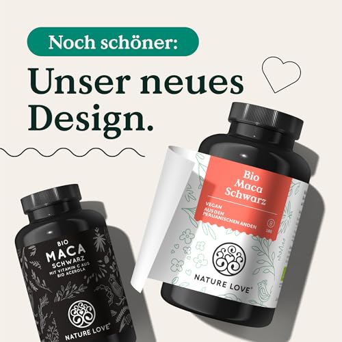NATURE LOVE® Bio Maca Kapseln (schwarz) - 3000 mg je Tagesdosis - 180 Kapseln - Mit natürlichem Vitamin C - Ohne Magnesiumstearat, Zertifiziert Bio, hochdosiert, vegan, in Deutschland produziert