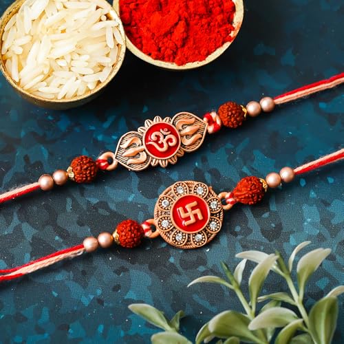 Image of eCraftIndia Unisex Adult Set Of 2 Peacock Feather And Floral Designer Rakhis For Brothers With Roli Chawal