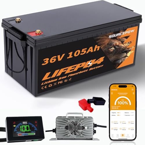 36V Lithium Golf Cart Battery, 36 Volt 105Ah LiFePO4 Battery with a 200A Smart BMS, LCD Display &...