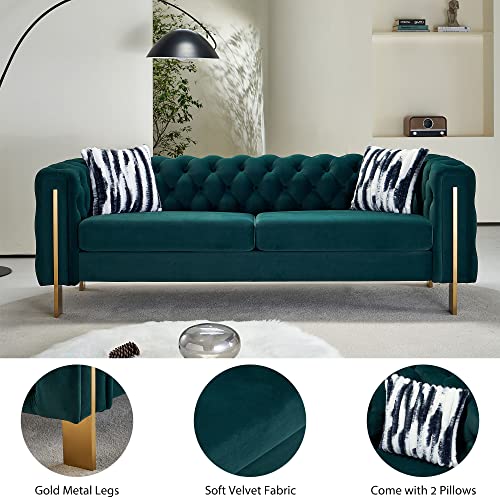 Image of Dolonm Velvet Tufted Sofa for Living Room, 84 inch Mid-Century Modern Couch with 2 Throw Pillows, High Arms & Gold Metal Legs, Luxury Chesterfield Furniture (Green)