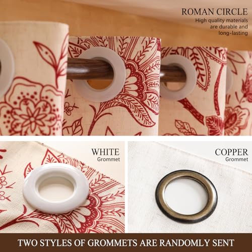 Image of ISAENNE Designer Elegant Linen Printed Curtains,2 Panels,94 inchx65 inch-Ruyi A | Vintage French Cottage Curtain with Grommets 94 inch long,Red Floral Pattern Draps,kitchen Bedroom Living Room Window