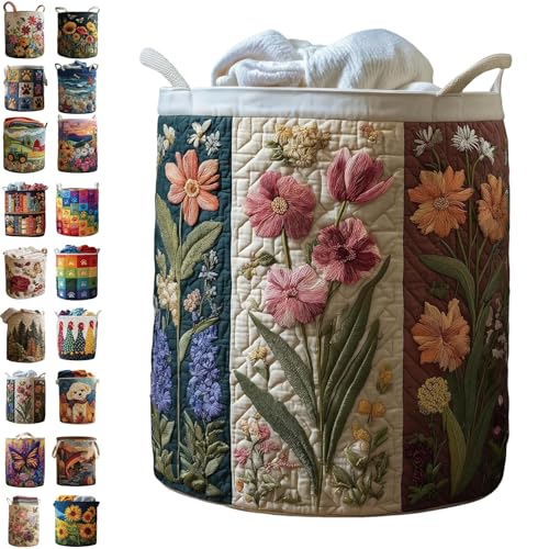 Image of Quilted Laundry Baskets with Handles, Large Floral Fabric Hampers, Extra Soft Boho Chic Storage Organizer for Nurseries, Collapsible Clothes Bins, Portable Bedroom Washing Container