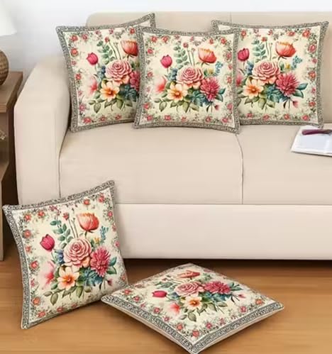 Decorative Cushion Covers Pack of 5 Floral Print, Vintage Style 16x16 Cushion Cover Multicolor Roses and Tulips Design-image-2