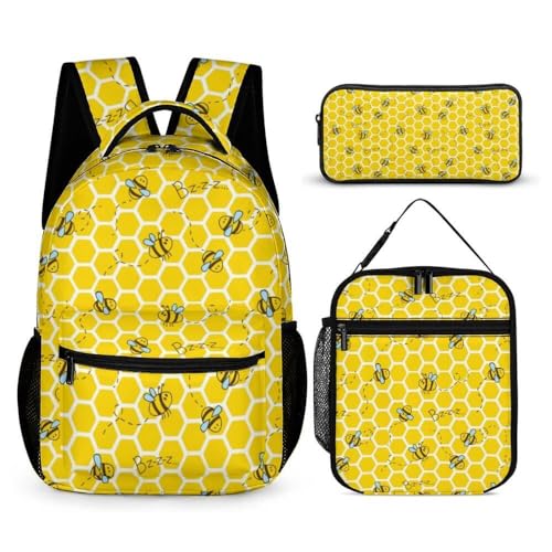 Bee Backpack with Lunch Box & Pencil Case, 16 Inch Cute Bee Themed Bookbag, Adjustable Lightweight Large Capacity, Colorful Bee Backpack Set for Kids Girls Boys School