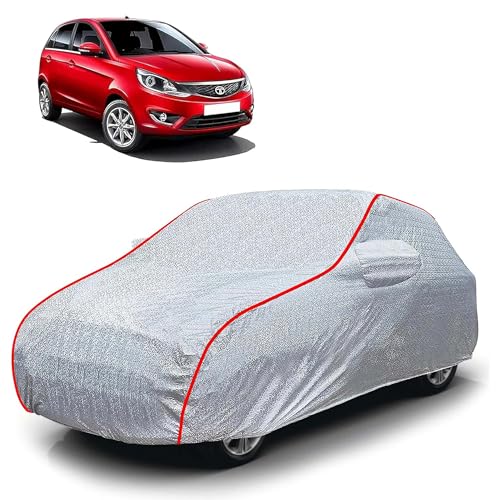 Image of Sulfar 100% Waterproof Car Body Cover Compatible with Mirror for Tata Bolt (Triple Stitched, Full Bottom Elastic, Magic Silver with Red Piping)